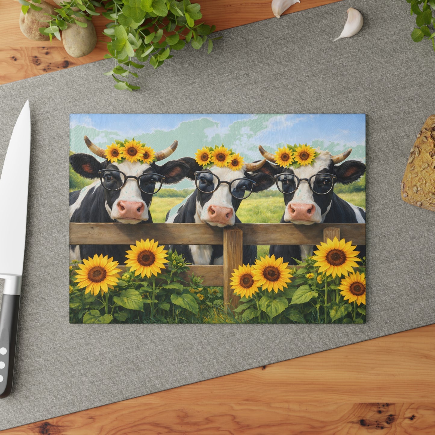 Sunflower Cow Trio Glass Cutting Board – Cheerful Farmhouse Kitchen Accent
