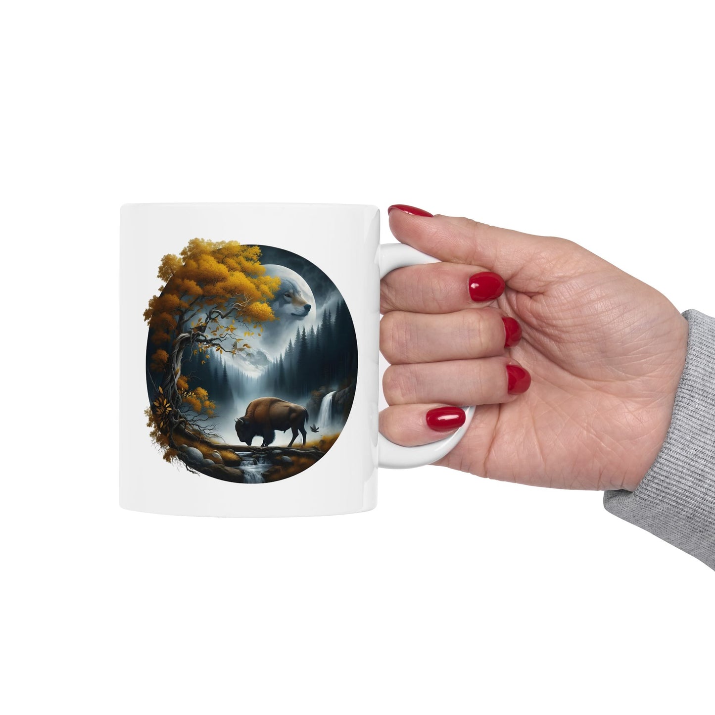 🌙🐂 Wolf & Buffalo Spirit Mug – Autumn Nature Coffee Cup ☕🌲