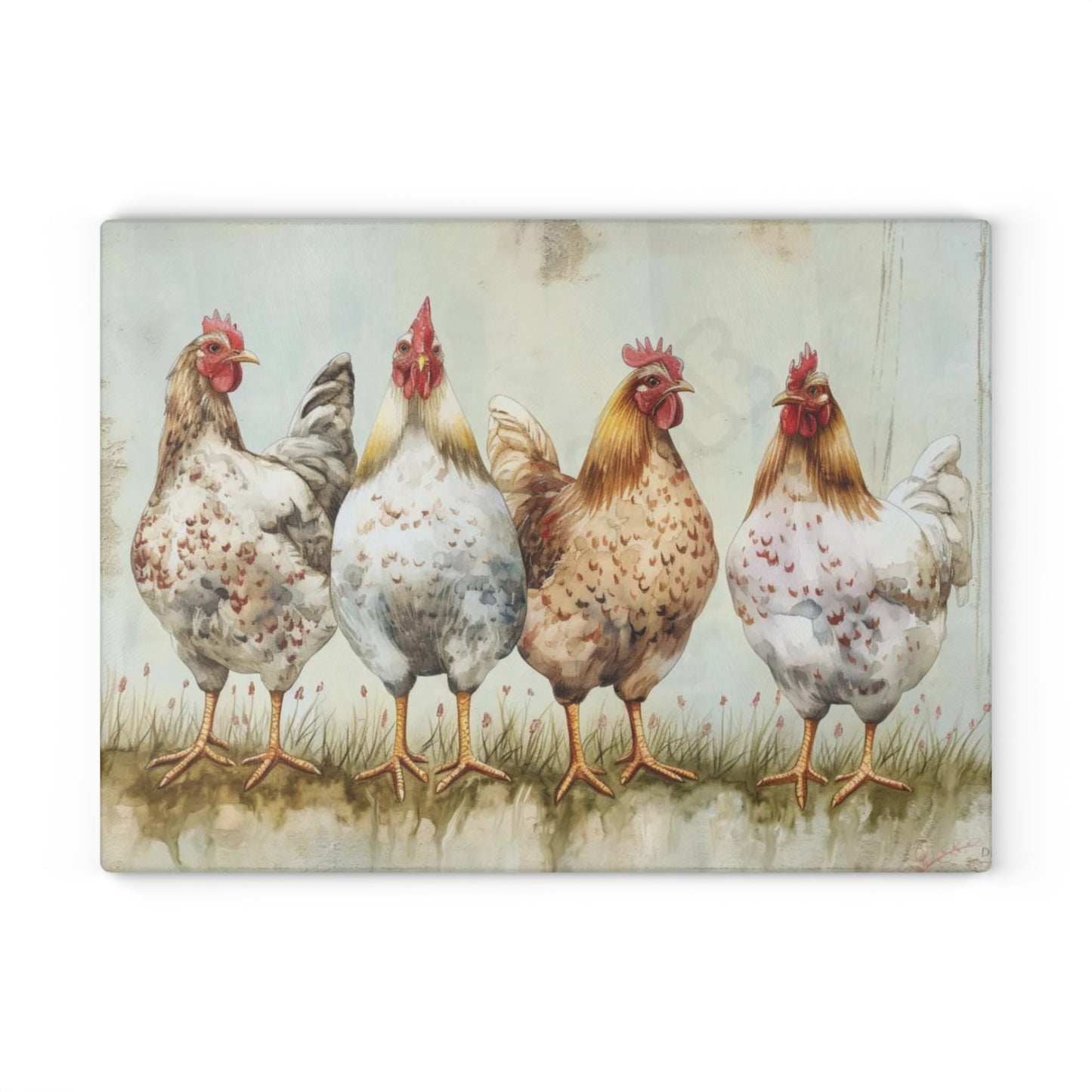 🐔🌿 “Country Hen Parade” Glass Cutting Board – Classic Farmhouse Charm