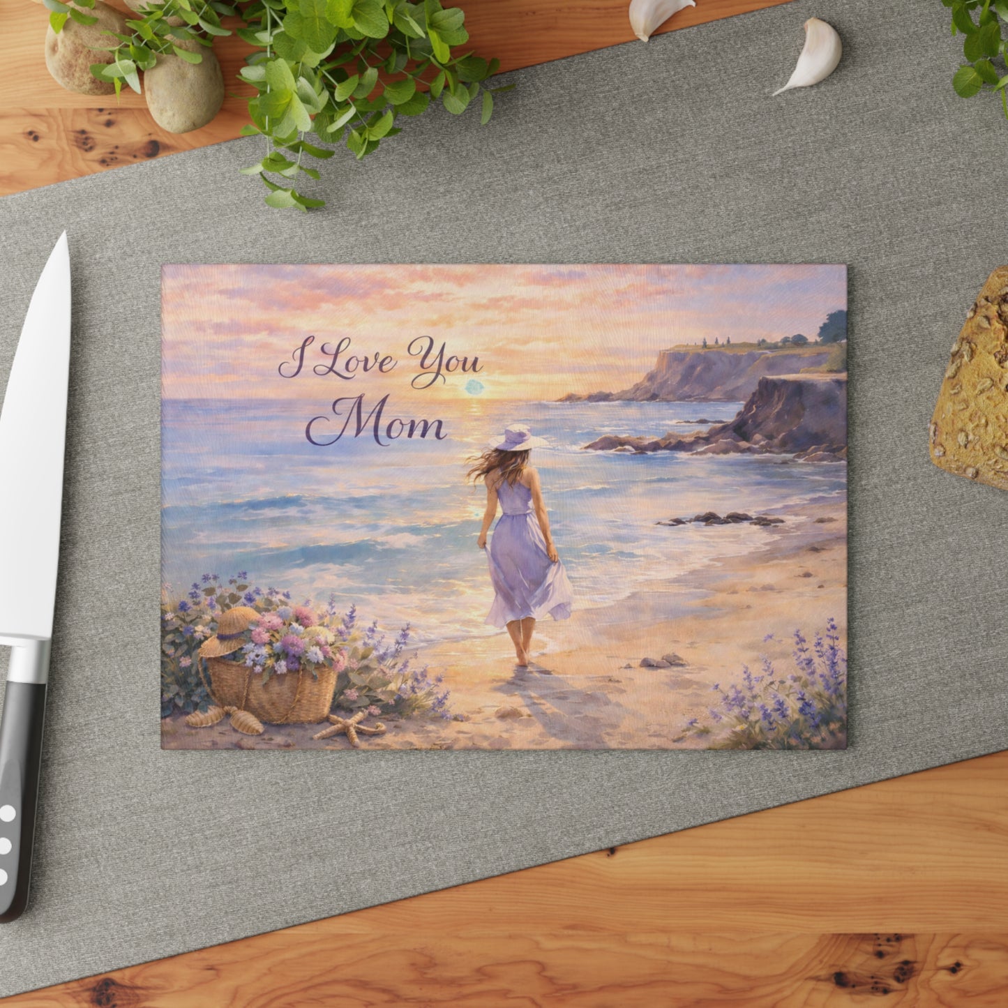 “I Love You Mom” Beach Sunset Glass Cutting Board – Mother’s Day Gift for Mom