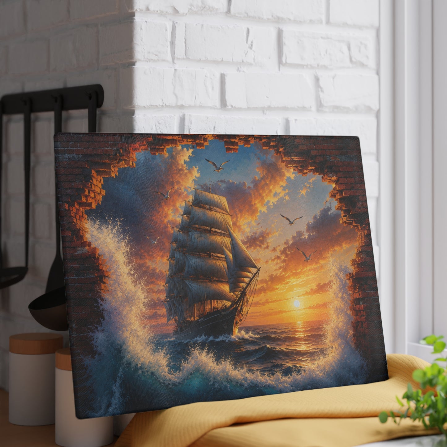 Sunset Sailing Ship Tempered Glass Cutting Board