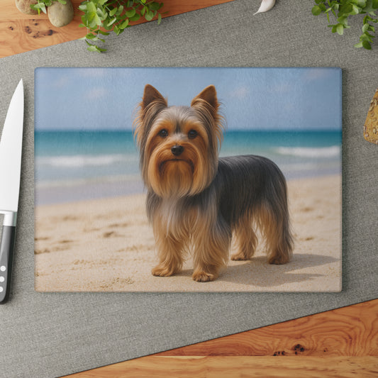🐾🌊 Yorkie by the Ocean Cutting Board – Breezy Elegance for Your Kitchen 🌴