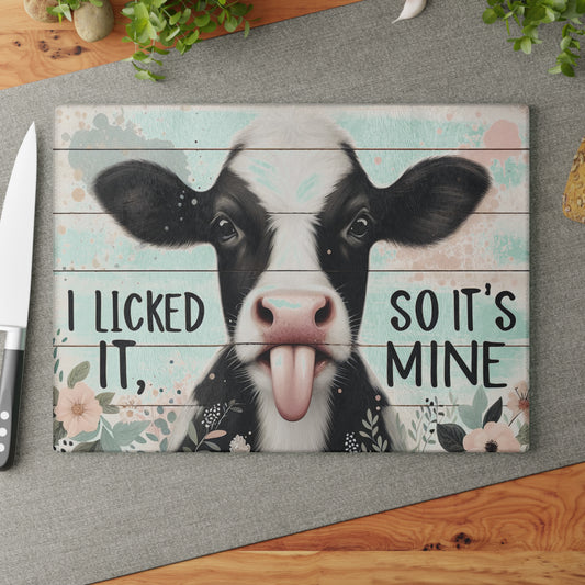 🐮🌸 I Licked It, So It’s Mine – Playful Cow Glass Cutting Board for Your Kitchen 🌸🐮