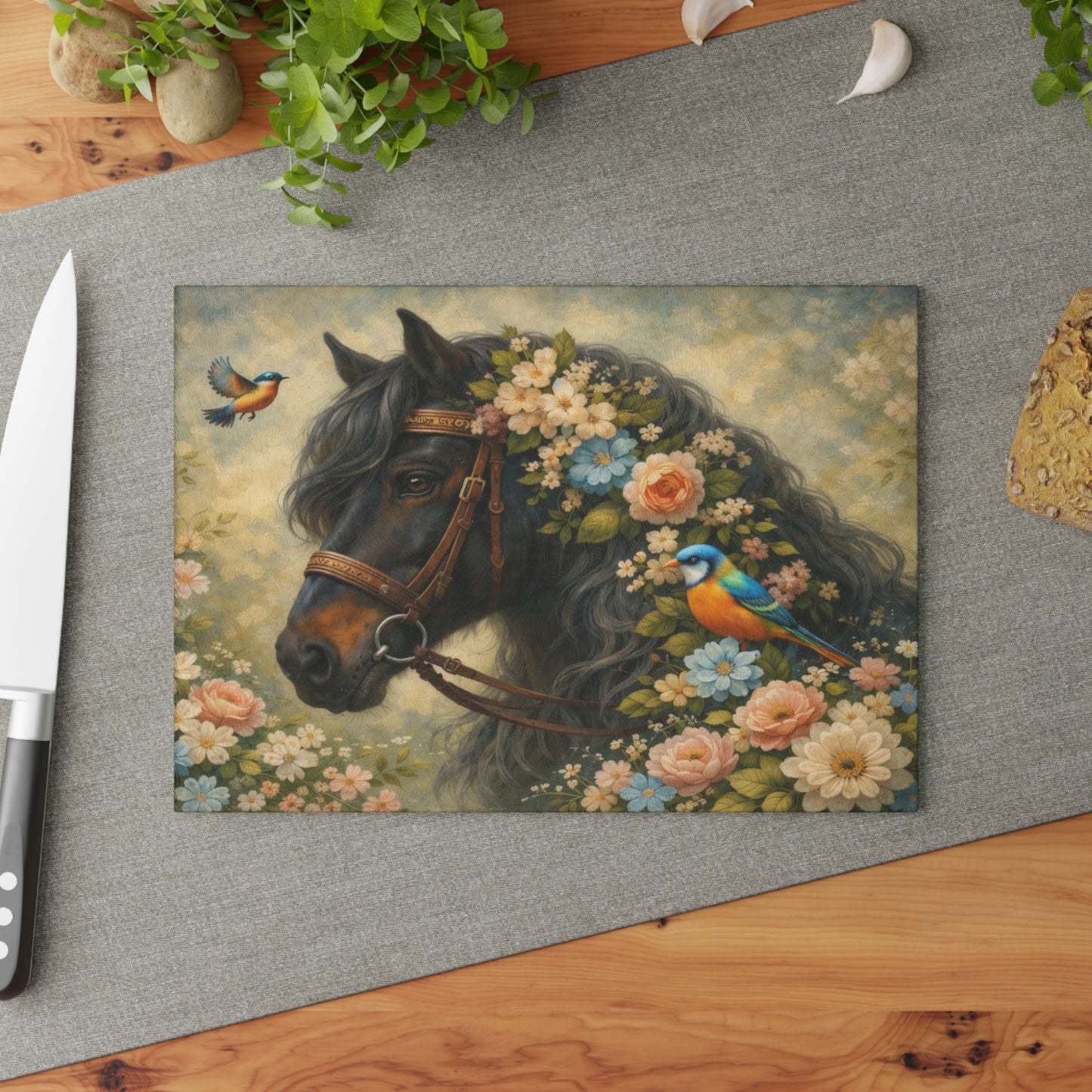 Floral Horse Glass Cutting Board – Elegant Country Farmhouse Kitchen Decor with Birds and Garden Flowers