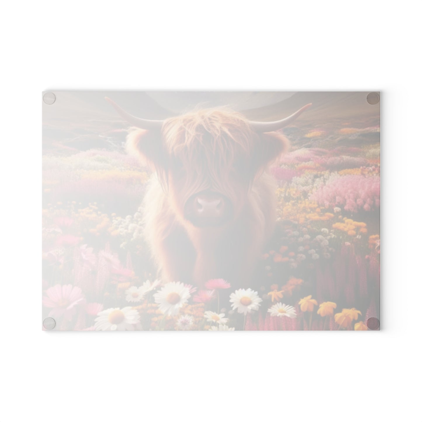 🐮 Highland Cow in a Field of Flowers – Rustic Floral Glass Cutting Board