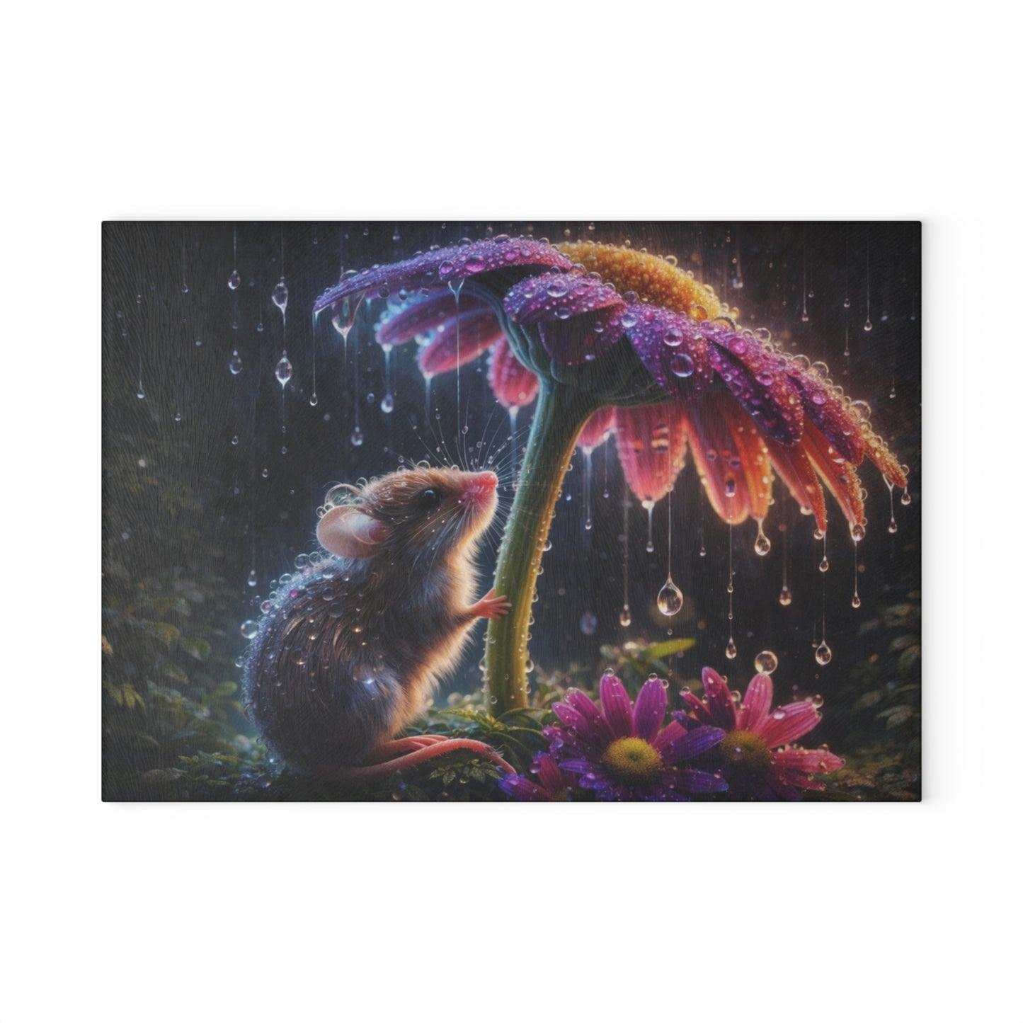 Rainy Garden Mouse Glass Cutting Board – Whimsical Nature Artwork
