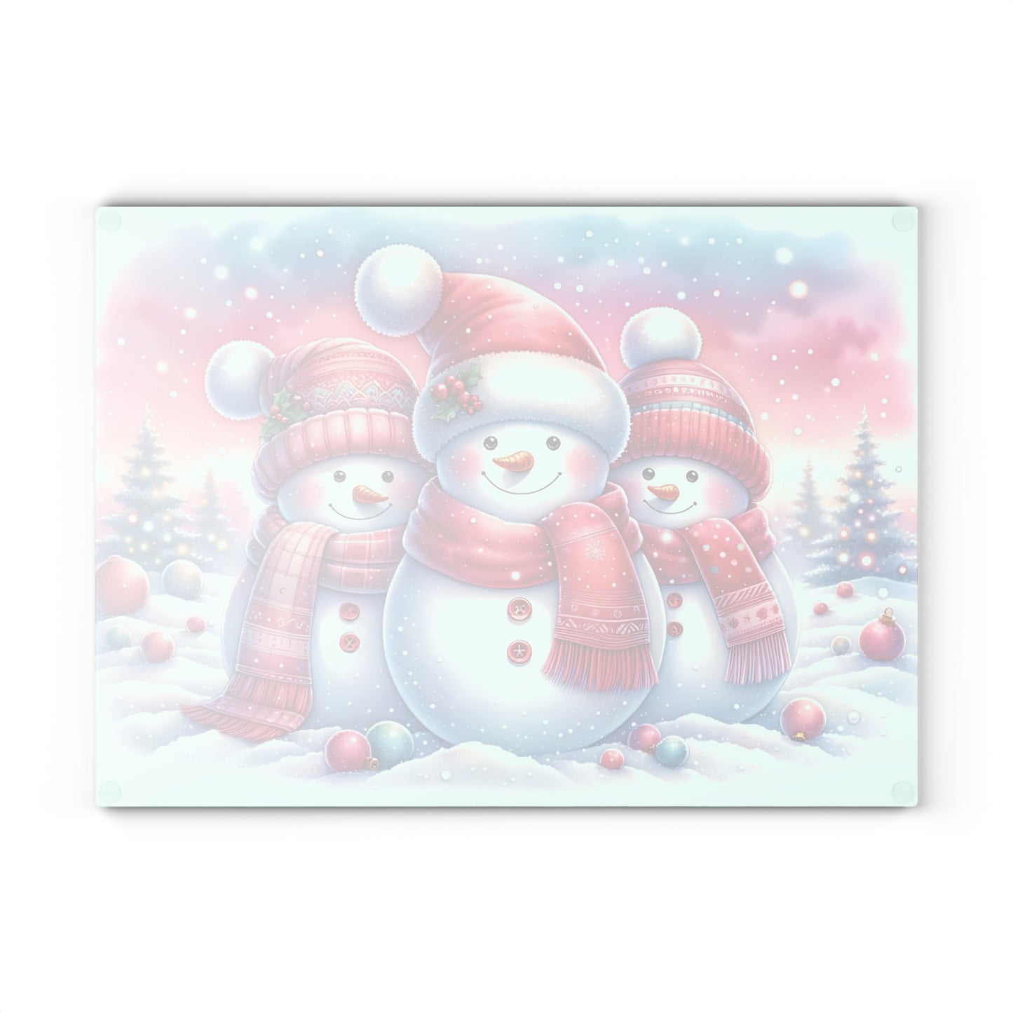 ⛄️🎀 “Pink Scarf Snowman Trio” Glass Cutting Board – Cozy Charm for Your Kitchen