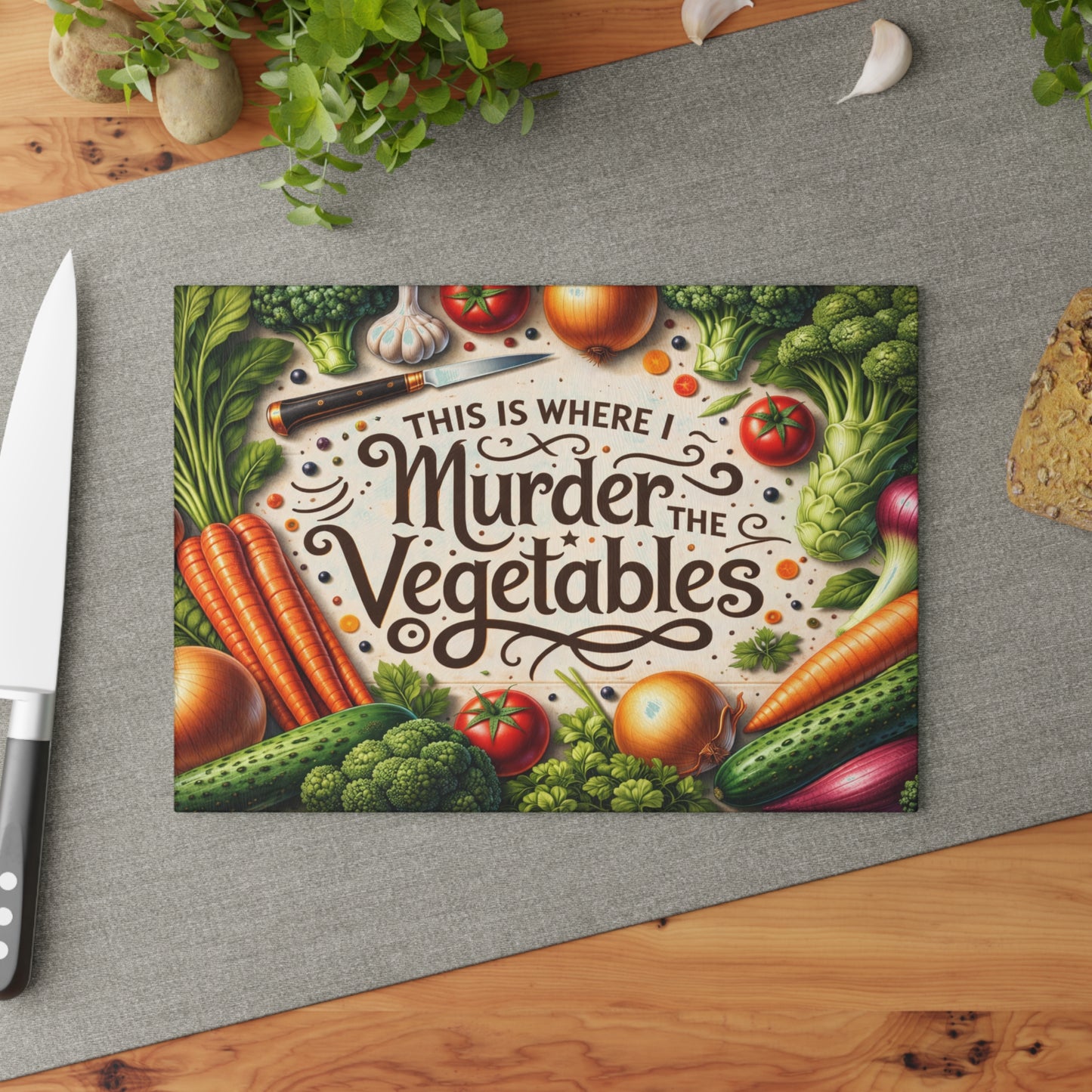 This Is Where I Murder the Vegetables Glass Cutting Board – Funny Kitchen Typography with Fresh Produce Art