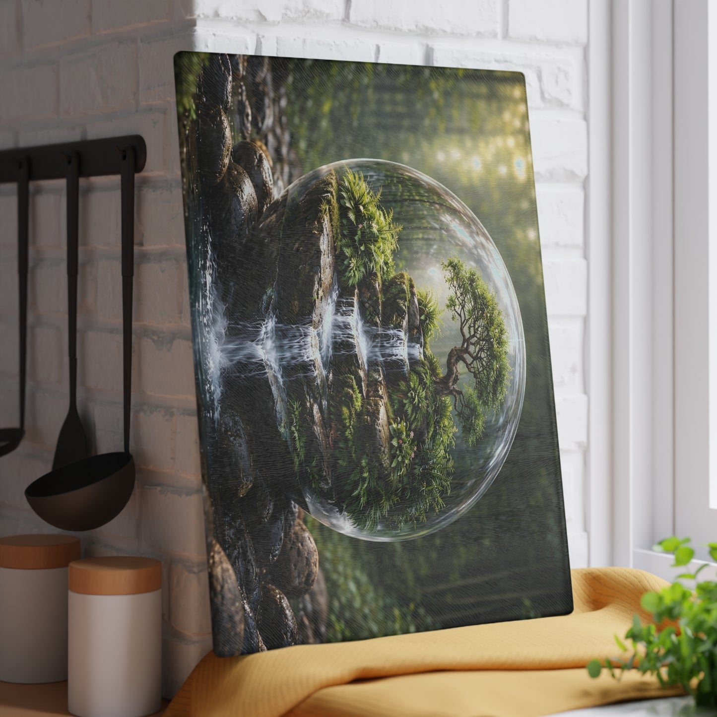 Enchanted Forest Waterfall Terrarium Glass Cutting Board – Nature-Inspired Zen Kitchen Art