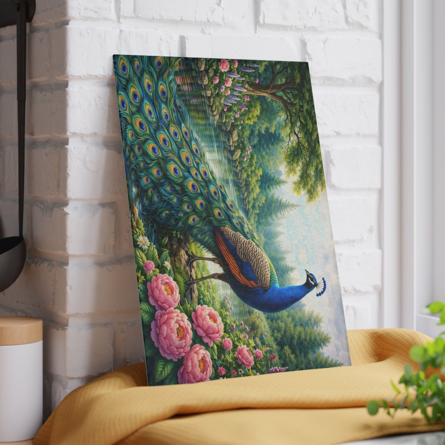 Teal Peacock Garden Glass Cutting Board – Elegant Floral Nature Art Kitchen Display