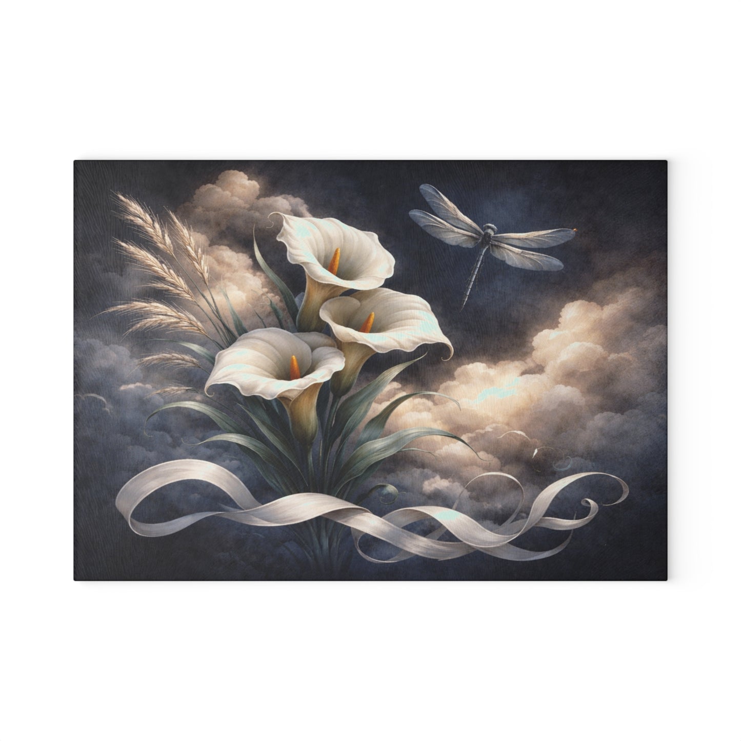 Calla Lily and Dragonfly Glass Cutting Board – Elegant Floral Botanical Artwork