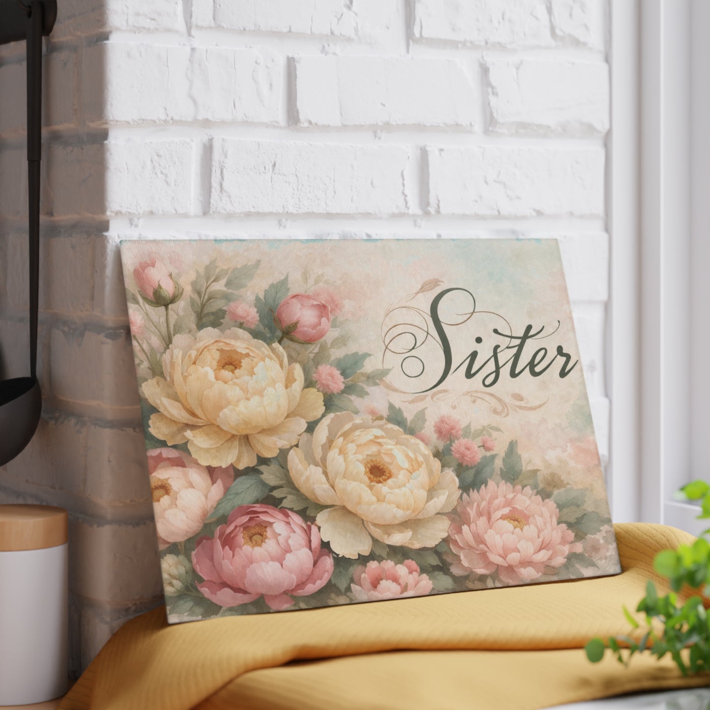 Sister Floral Glass Cutting Board – Elegant Kitchen Gift for Her
