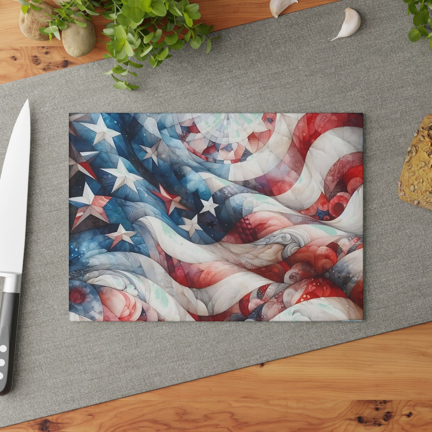 4th of July Quilt Glass Cutting Board – Patriotic Charm Meets Function
