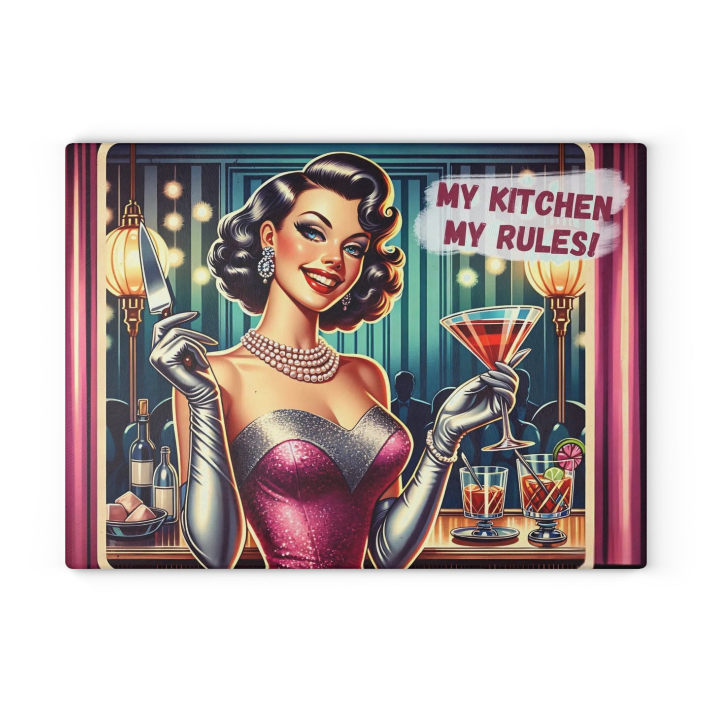 🍸💋 “My Kitchen, My Rules!” Retro Glam Glass Cutting Board – Sassy Vintage Bar Vibes