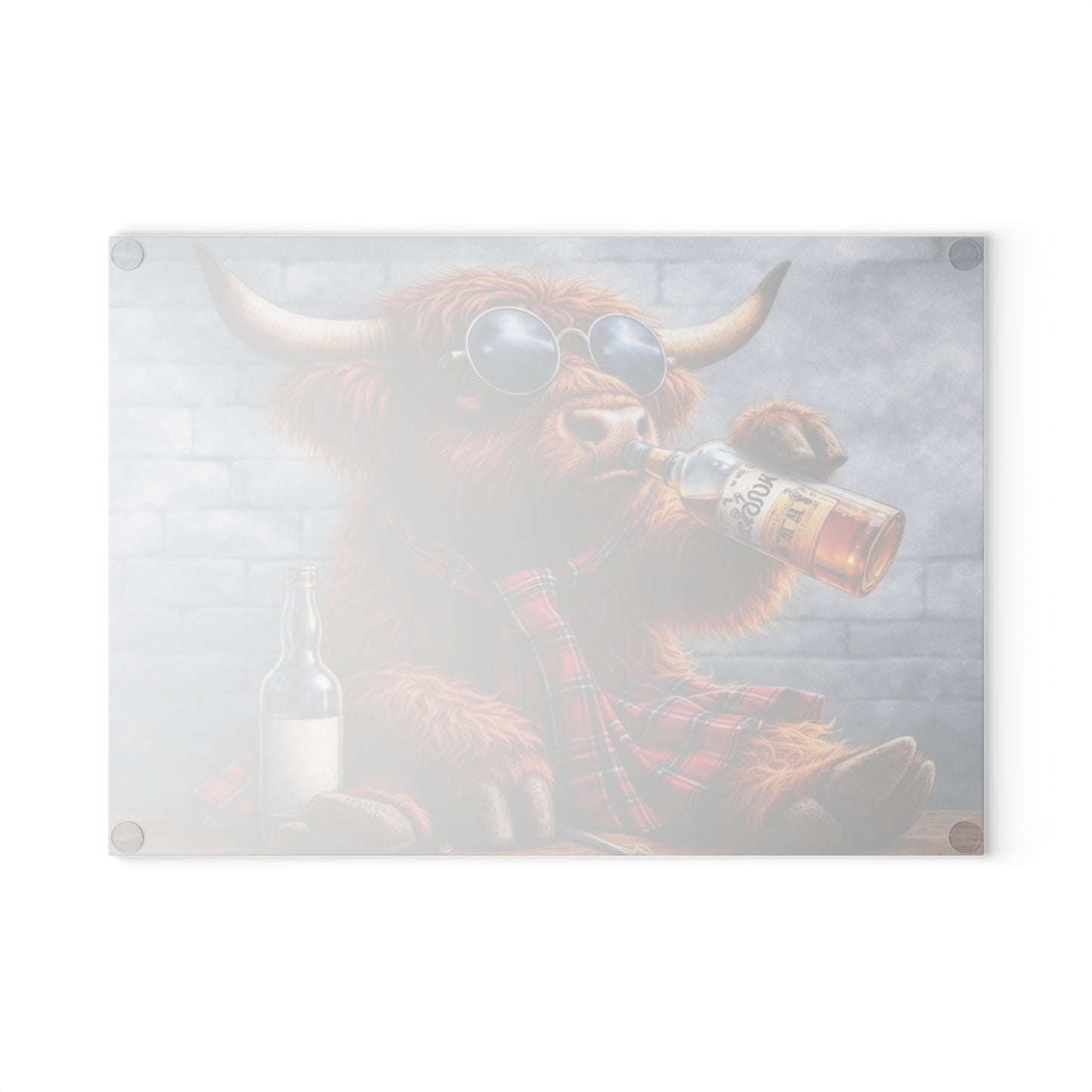 Cool Shades Highland Cow Glass Cutting Board – Playful Farm Bar Art with Bold Rustic Attitude