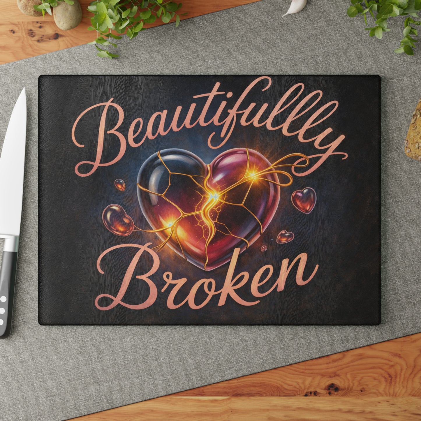 Golden Heart Resilience Glass Cutting Board – Kintsugi-Inspired Love & Strength Kitchen Decor