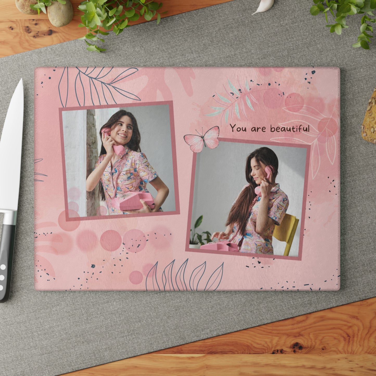 You Are Beautiful Photo Collage Glass Cutting Board – Pink Butterfly Inspirational Keepsake
