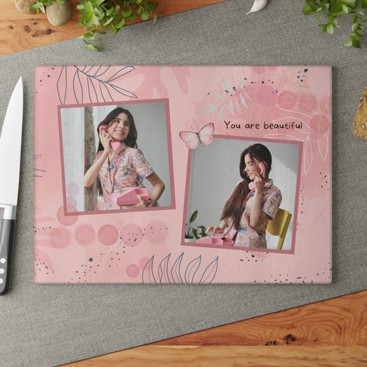 You Are Beautiful Photo Collage Glass Cutting Board – Pink Butterfly Inspirational Keepsake