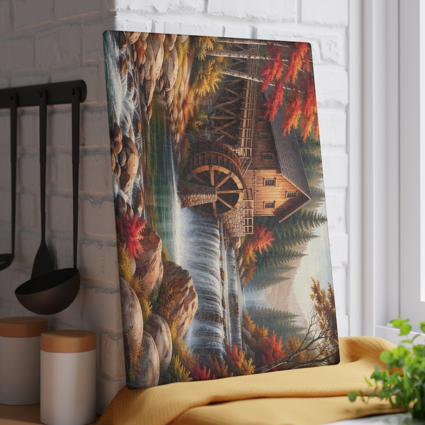 Autumn Watermill Landscape Glass Cutting Board – Rustic Mill and Waterfall Kitchen Art