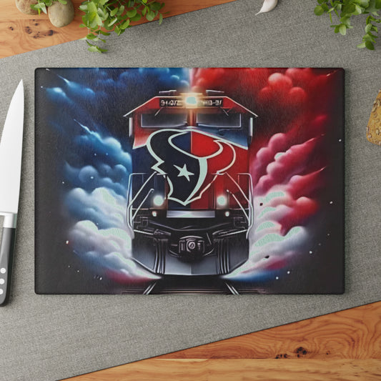 Tabla de cortar de vidrio Express en azul acero intenso y rojo: arte moderno de trenes para cocinas resistentes y elegantes