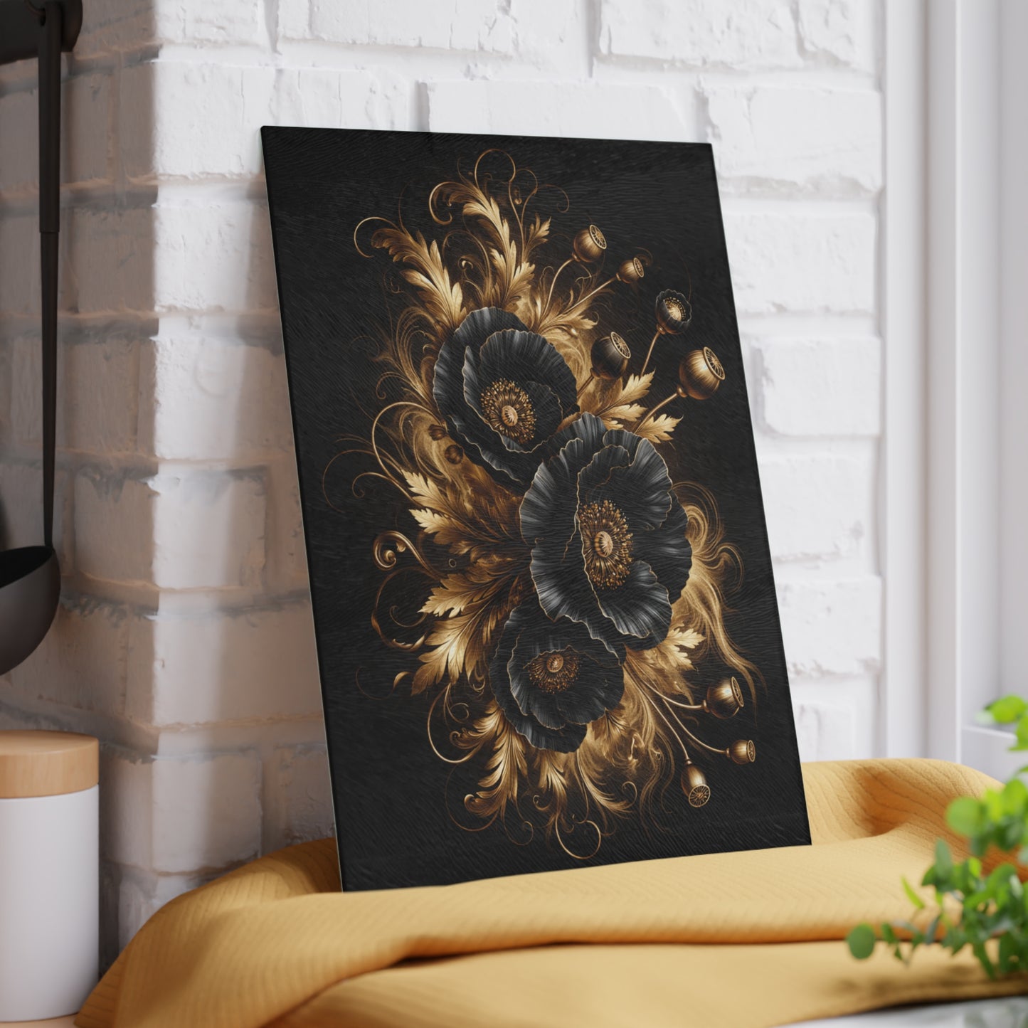 Black & Gold Floral Glass Cutting Board – Elegant Personalized Kitchen Cutting Board