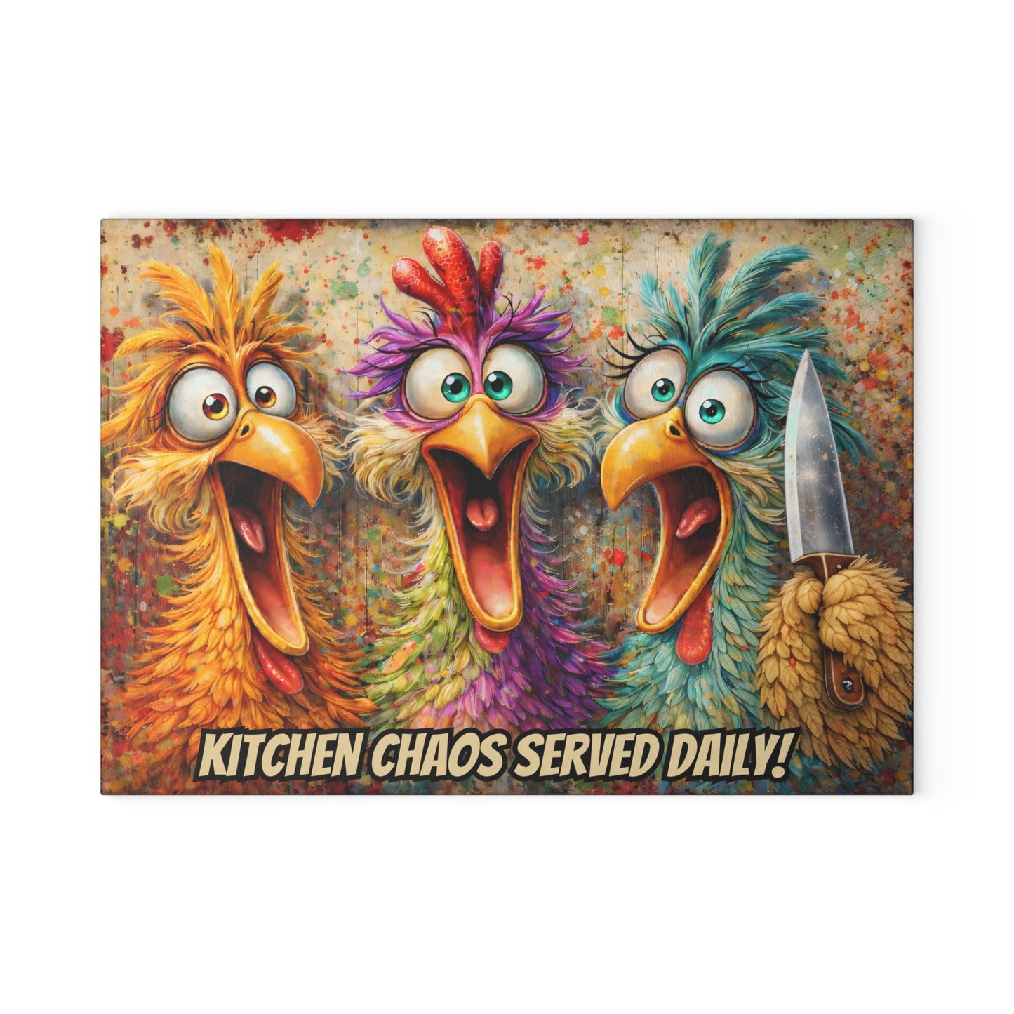 Kitchen Chaos Served Daily Glass Cutting Board – Colorful Chicken Kitchen Humor