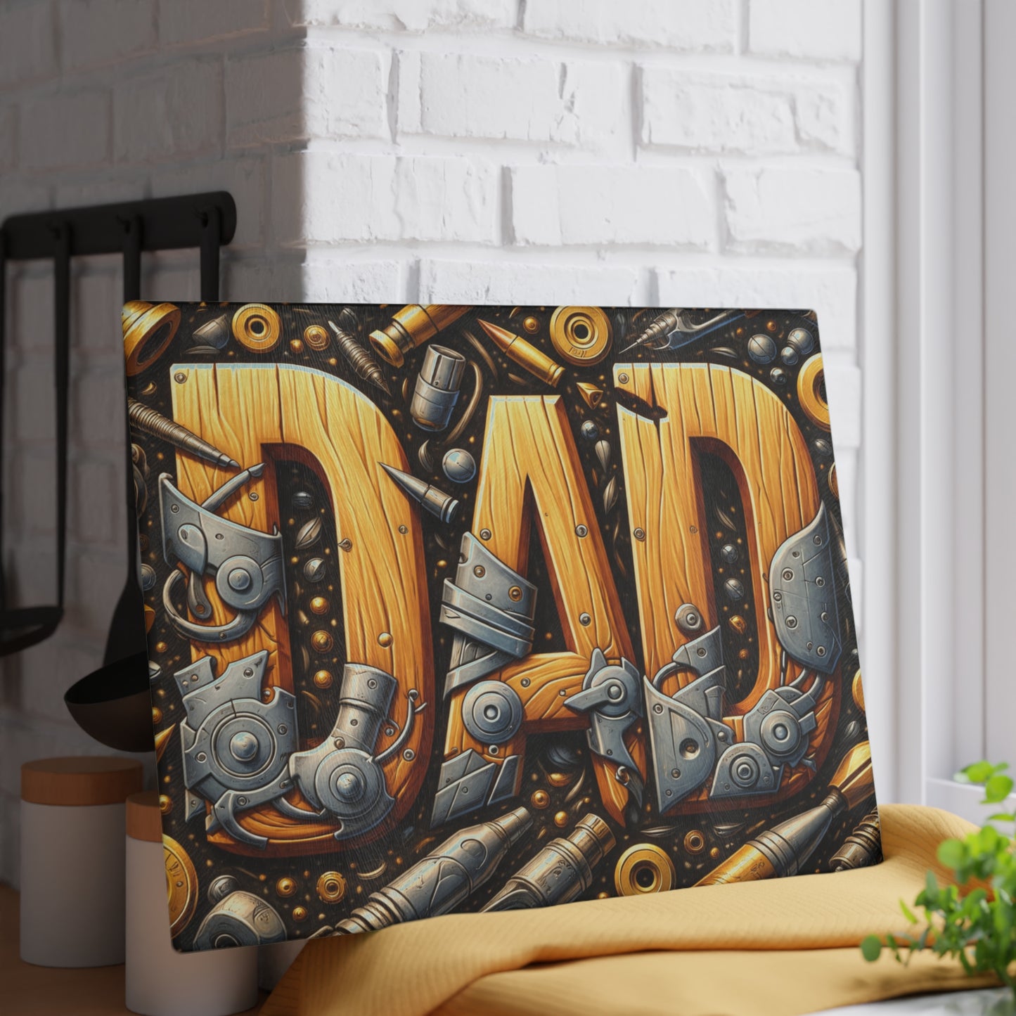Dad Workshop Tribute Glass Cutting Board – Rustic Father’s Day Tool Art