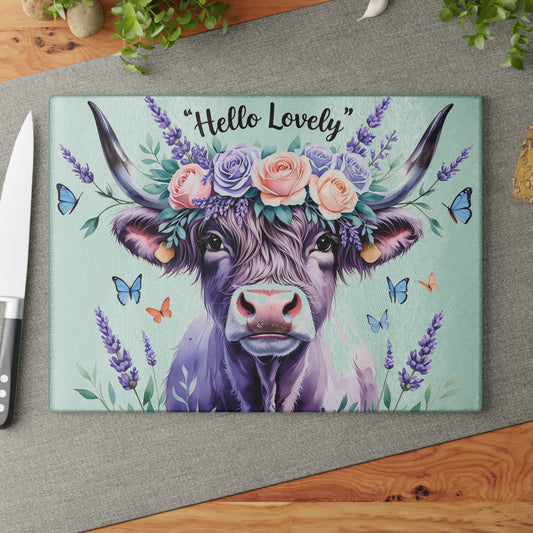 🐮 “Hello Lovely” Highland Cow Cutting Board – Floral Charm Meets Farmhouse Style