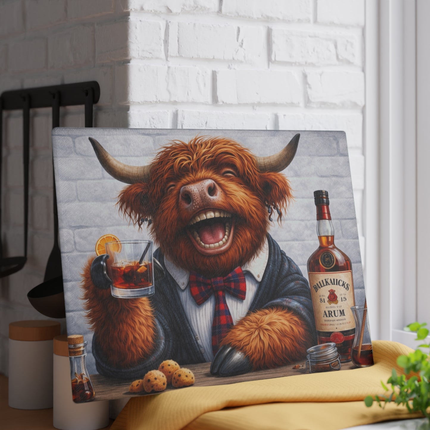 Smiling Highland Cow Whiskey Glass Cutting Board – Playful Farm Bar Art with Rustic Humor