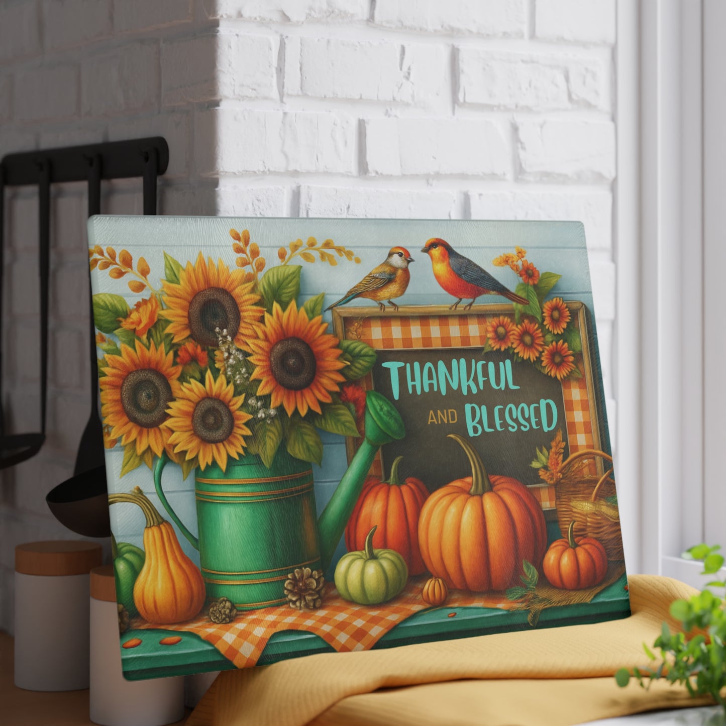 🍂🌻 “Thankful & Blessed Harvest” Tempered Glass Board – Sunny Fall Kitchen Cheer