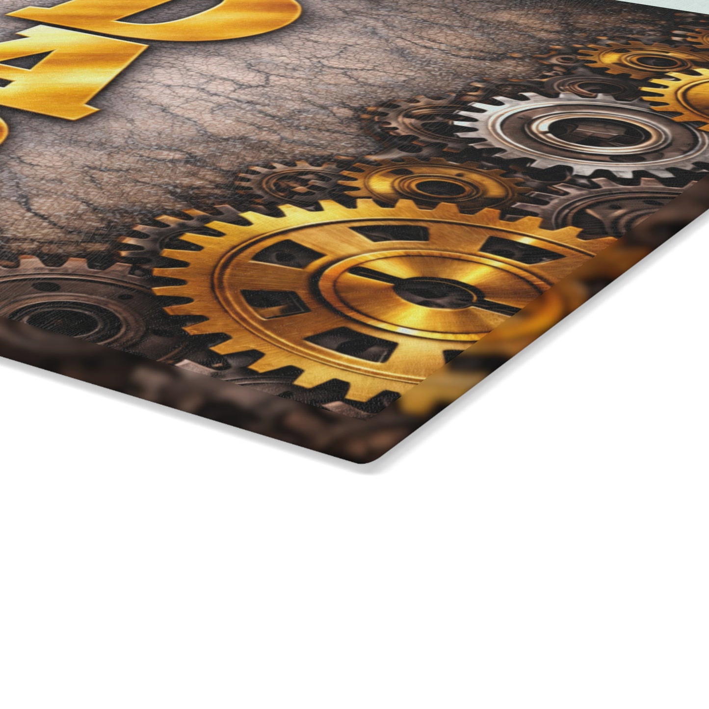 Best Dad Ever Glass Cutting Board – Industrial Gear Father Tribute Kitchen Art