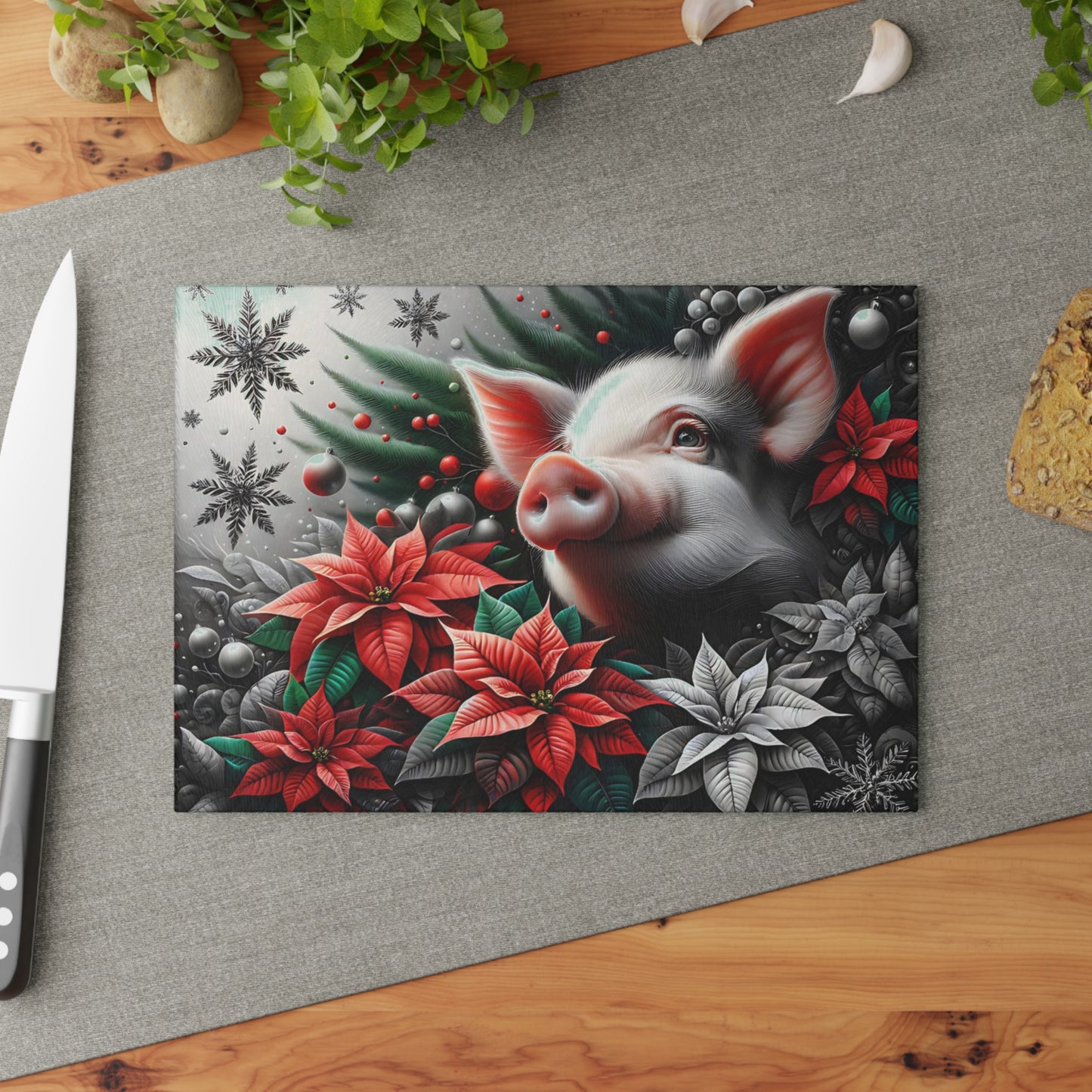 🐷✨ “Holiday Poinsettia Pig” Glass Cutting Board – Festive Farmhouse Cheer for Your Kitchen
