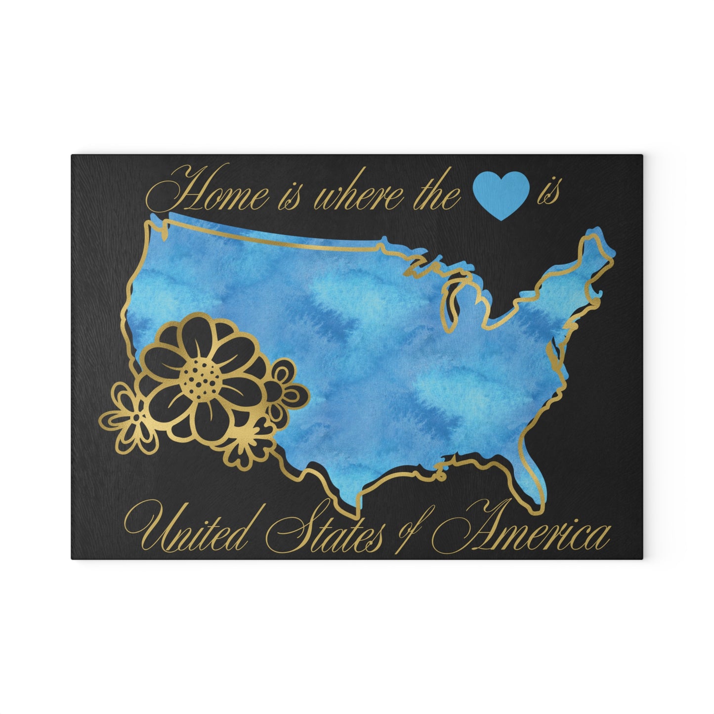 USA Floral Cutting Board – Blue Watercolor Elegance with Golden American Charm 💙