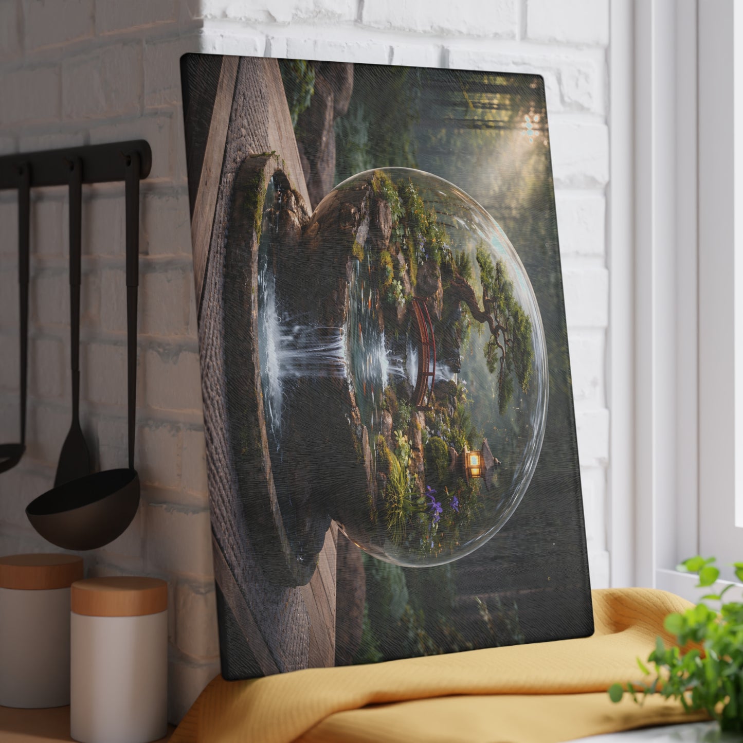 Zen Garden Waterfall Globe Glass Cutting Board – Tranquil Japanese-Inspired Nature Art