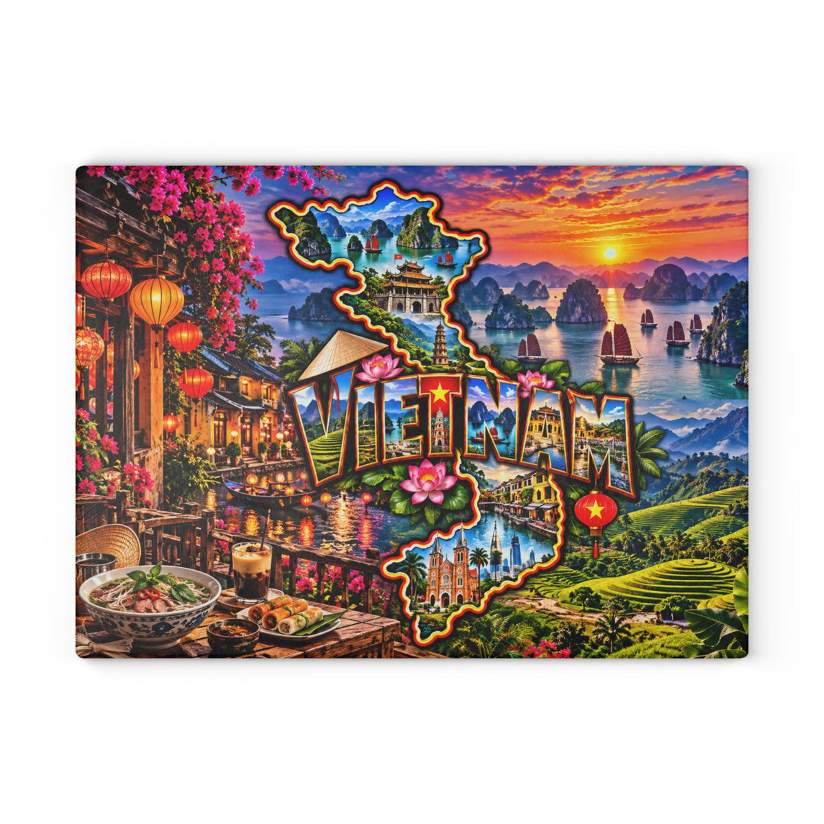 Vietnam Map Cutting Board – Colorful Ha Long Bay, Lantern-Lit Hoi An, Rice Terraces, Lotus Flowers & Vietnamese Kitchen Décor