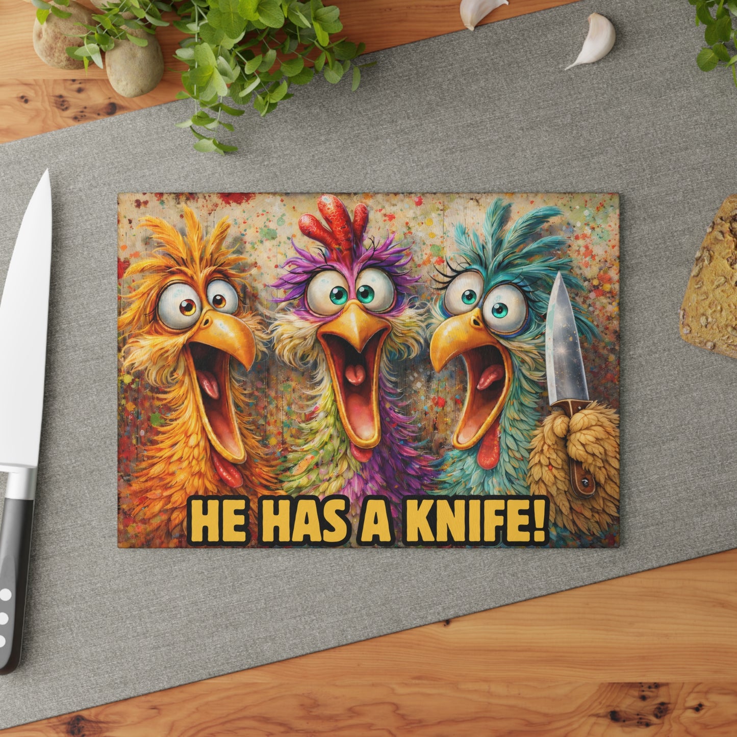 He Has a Knife! Funny Chicken Glass Cutting Board – Bold Farmhouse Kitchen Humor