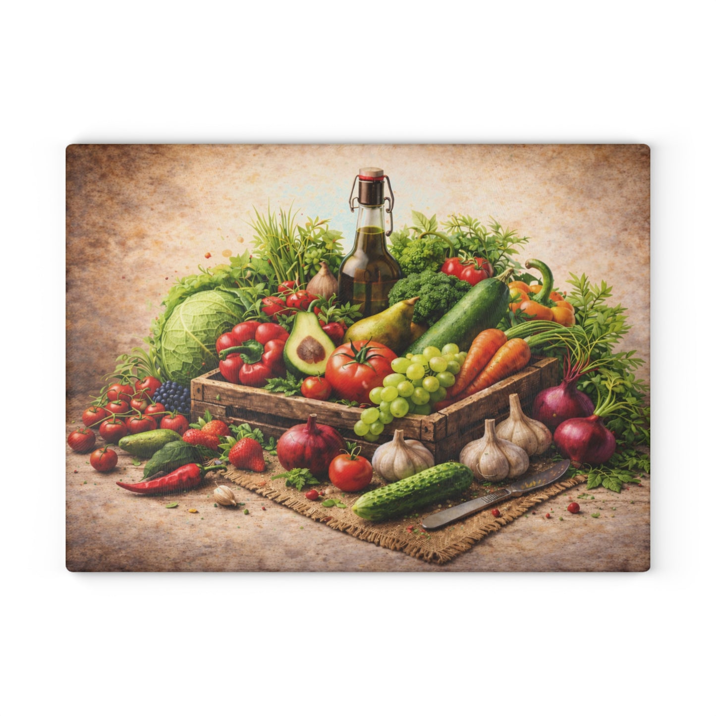 Farm Fresh Harvest Glass Cutting Board – Rustic Market Vegetable Kitchen Art
