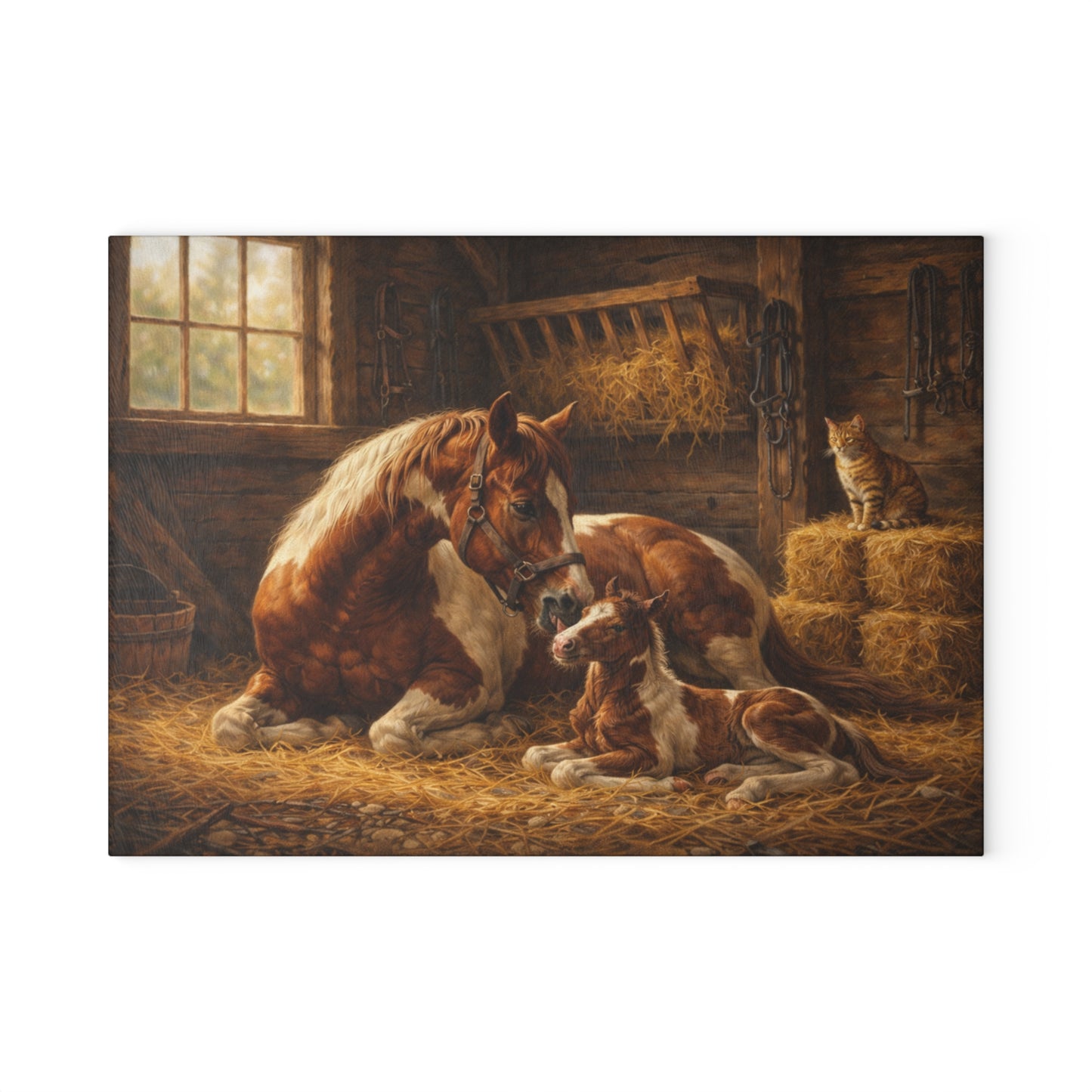 Mother Horse and Foal Barn Scene Glass Cutting Board – Rustic Farmhouse Kitchen Decor with Country Stable Artwork