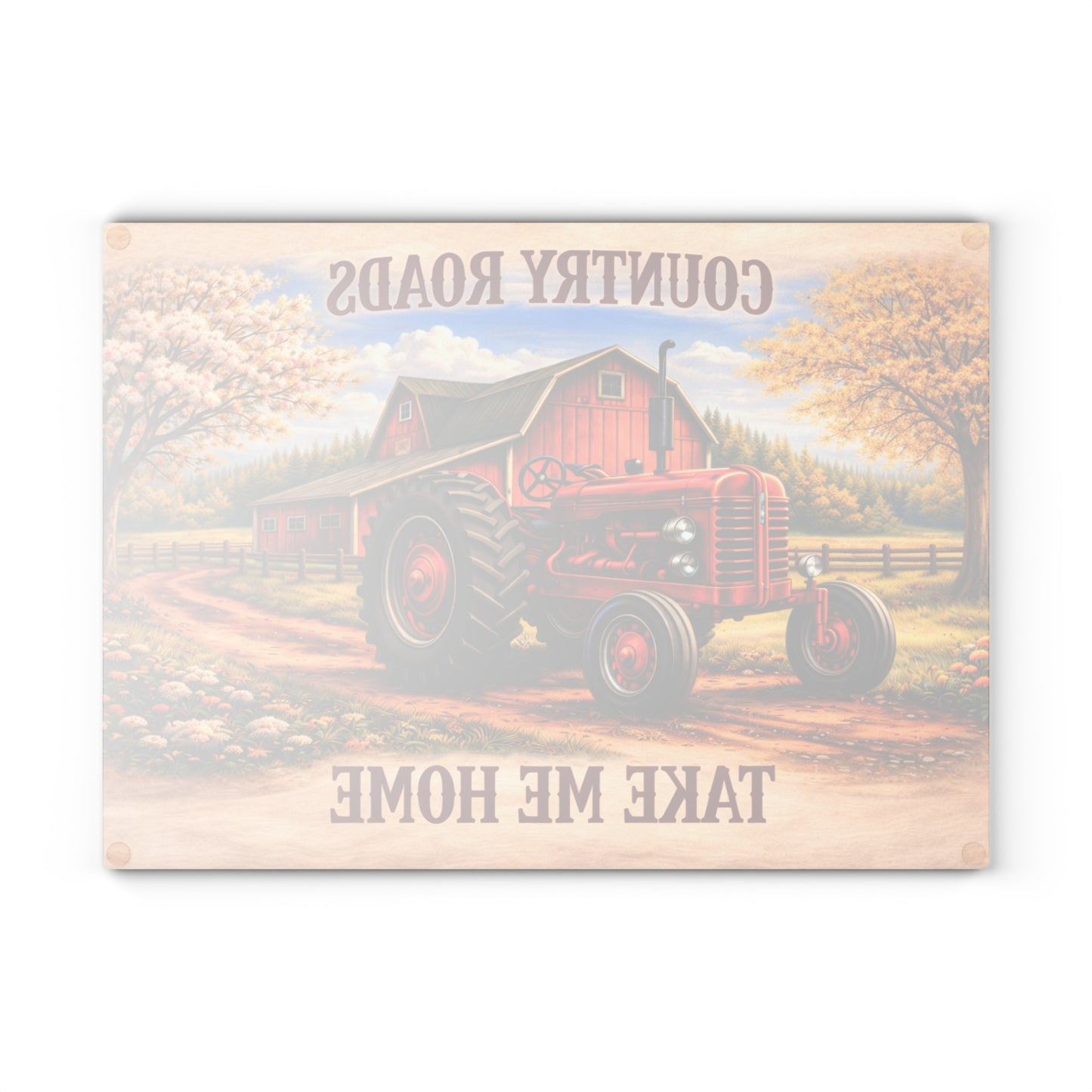 Country Roads Tractor Glass Cutting Board – Rustic Farmhouse Charm for Your Kitchen