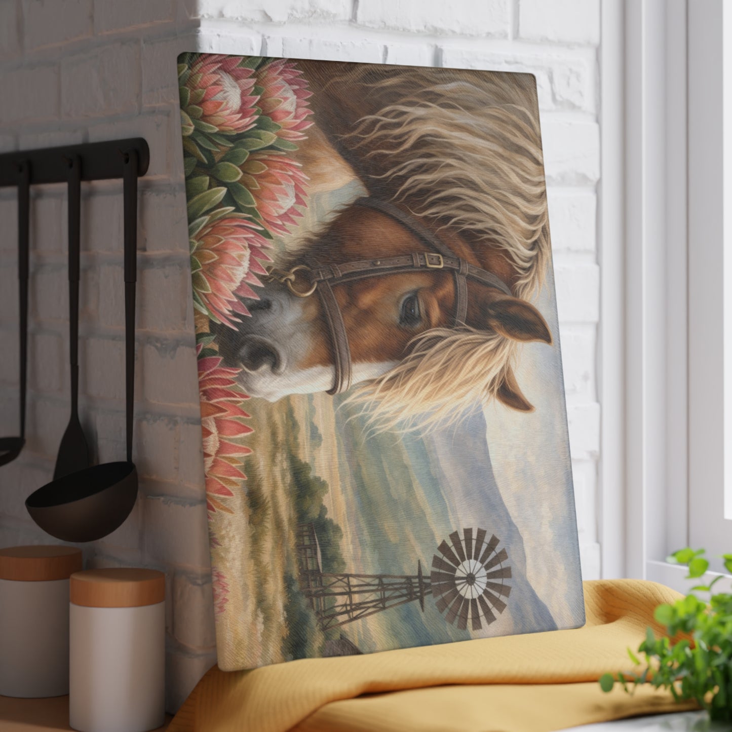 Western Horse and Windmill Glass Cutting Board – Rustic Farmhouse Country Kitchen Decor