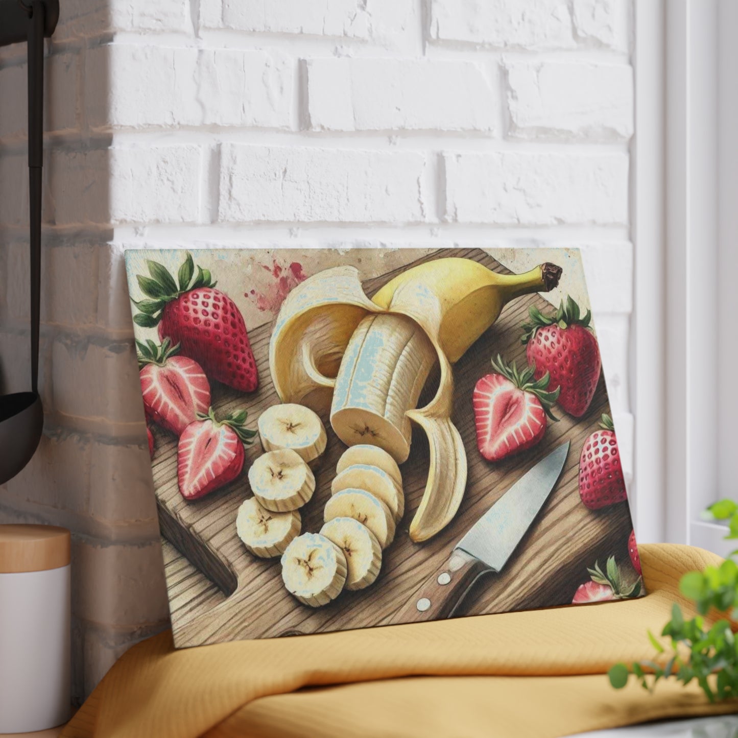 Tabla de cortar de vidrio templado para exhibición de frutas con una vibrante variedad de frutas frescas
