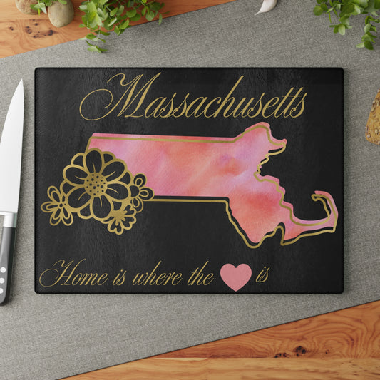 🌸 Massachusetts State Cutting Board – Soft Blush Beauty with Home Heart Charm