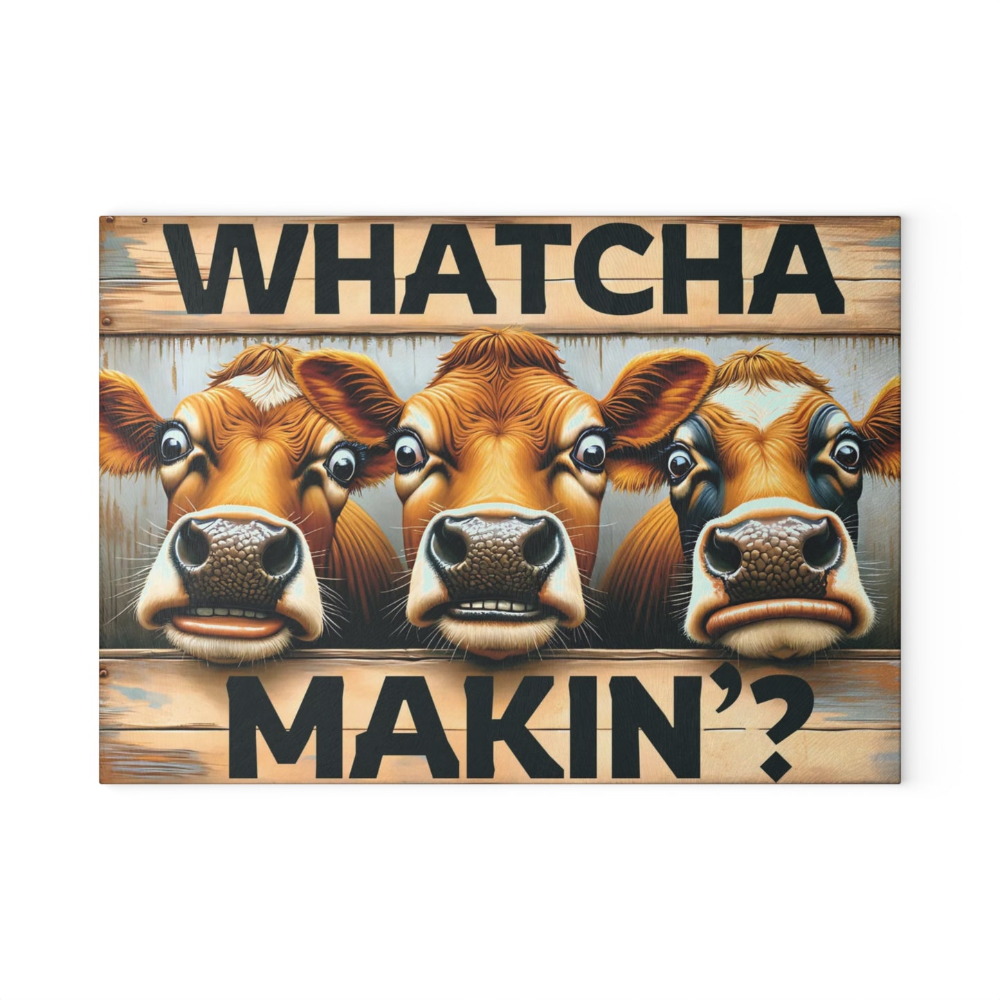 🐮🤠 “Whatcha Makin’?” Glass Cutting Board – Cozy Charm for Your Kitchen