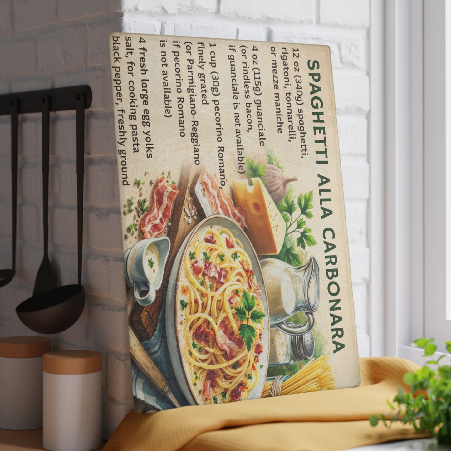 Spaghetti alla Carbonara Recipe Glass Cutting Board – Classic Italian Kitchen Artwork