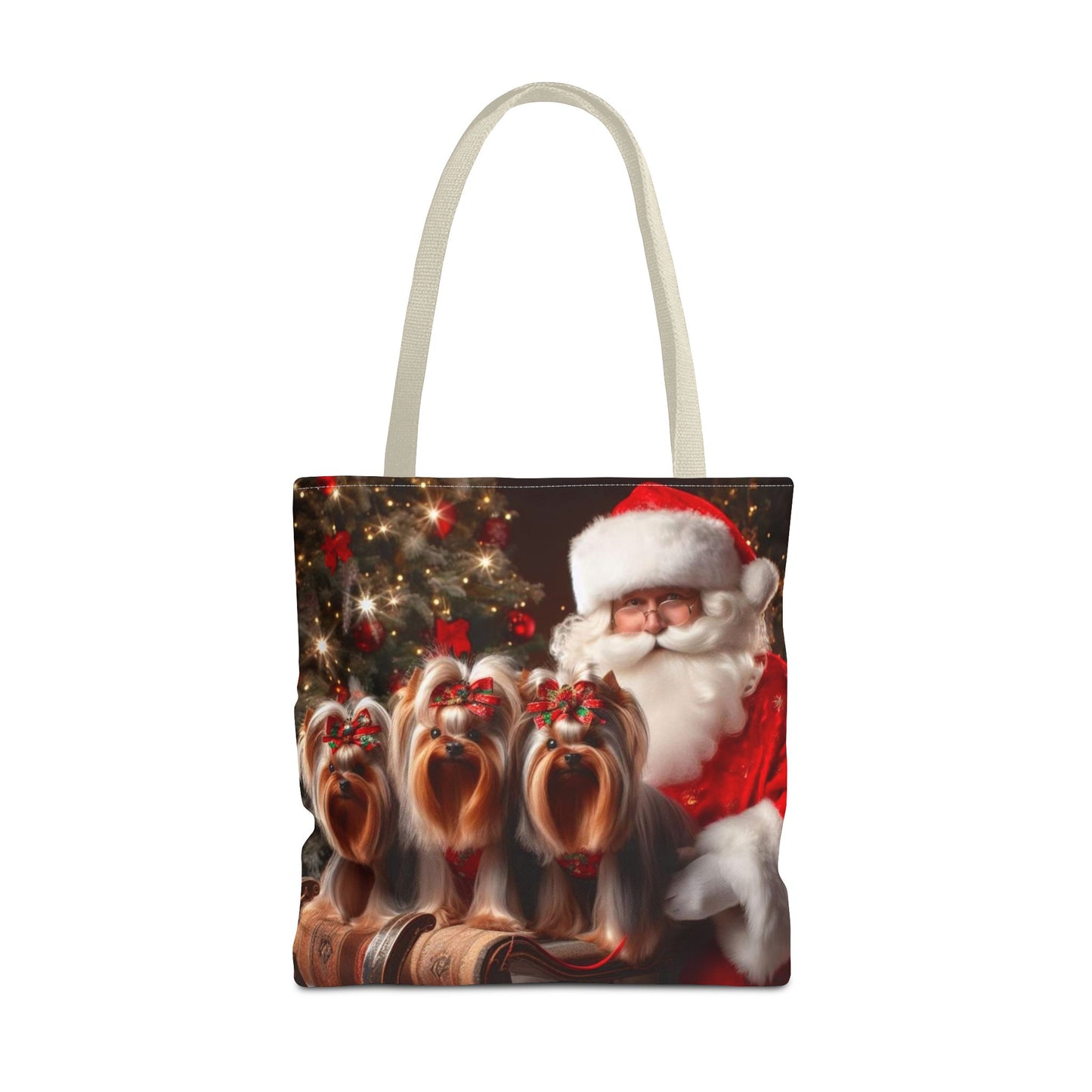 🎅 Santa & Yorkies Christmas Tote Bag – Holiday Cheer with a Furry Twist 🎄