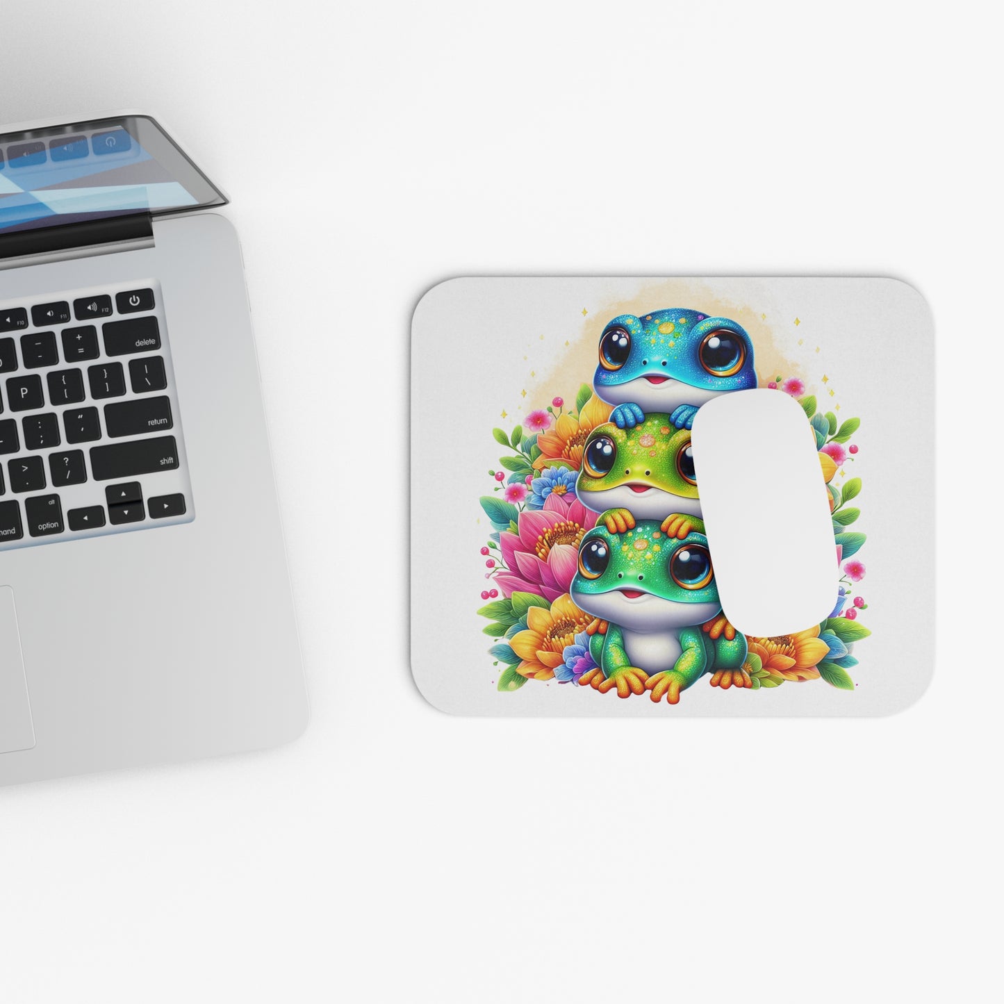 🖱️🐸 Stacked Frogs Mouse Pad – Colorful Kawaii Floral Desk Art