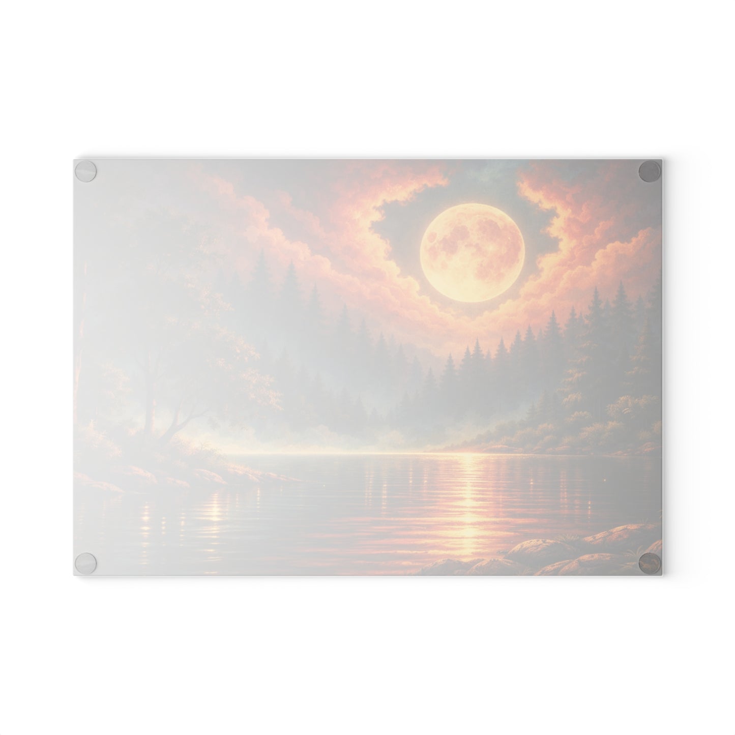 Moonlit Forest Lake Glass Cutting Board – Dramatic Night Landscape Kitchen Art