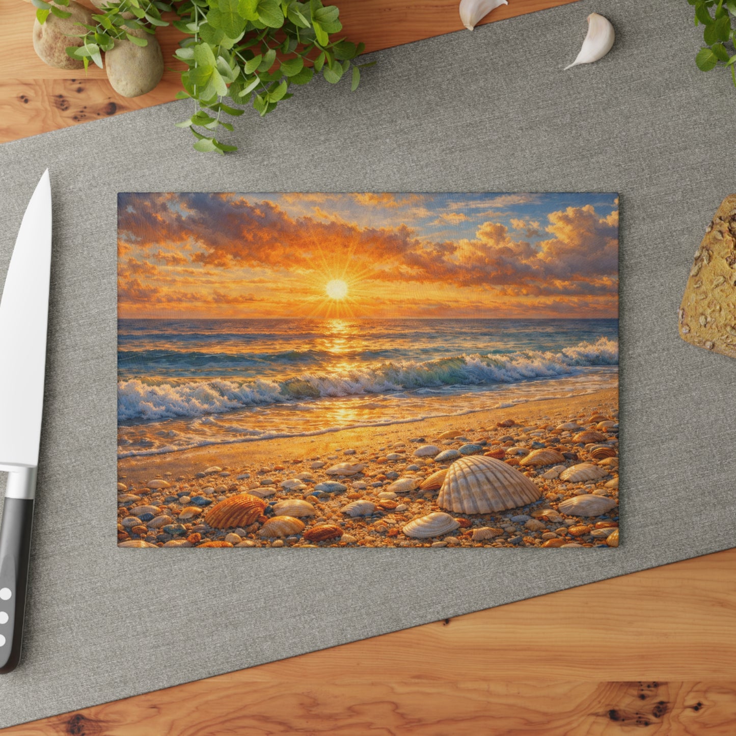 Golden Beach Sunrise Glass Cutting Board – Coastal Seashell Ocean Art