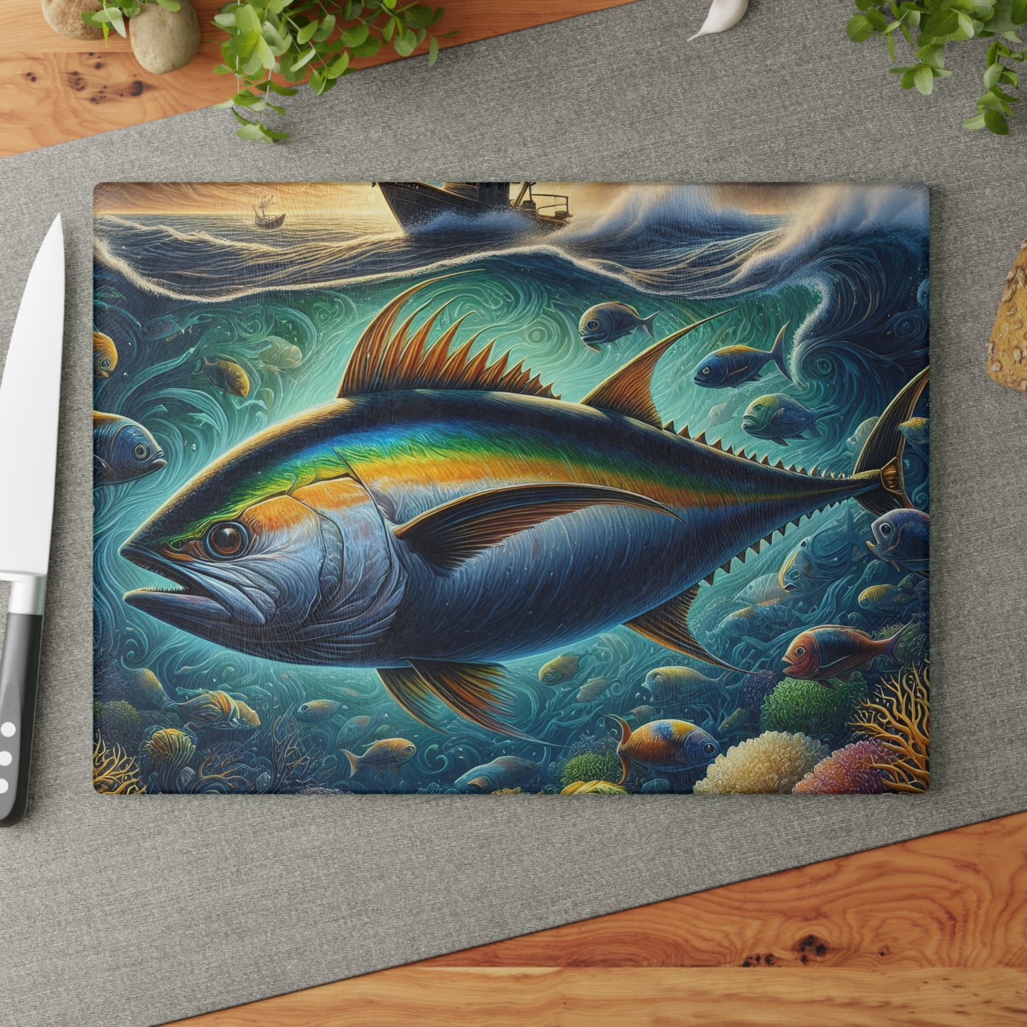 🐟🌊 Yellowfin Tuna Ocean Vibes Cutting Board – Coastal Elegance for Your Kitchen 🎣