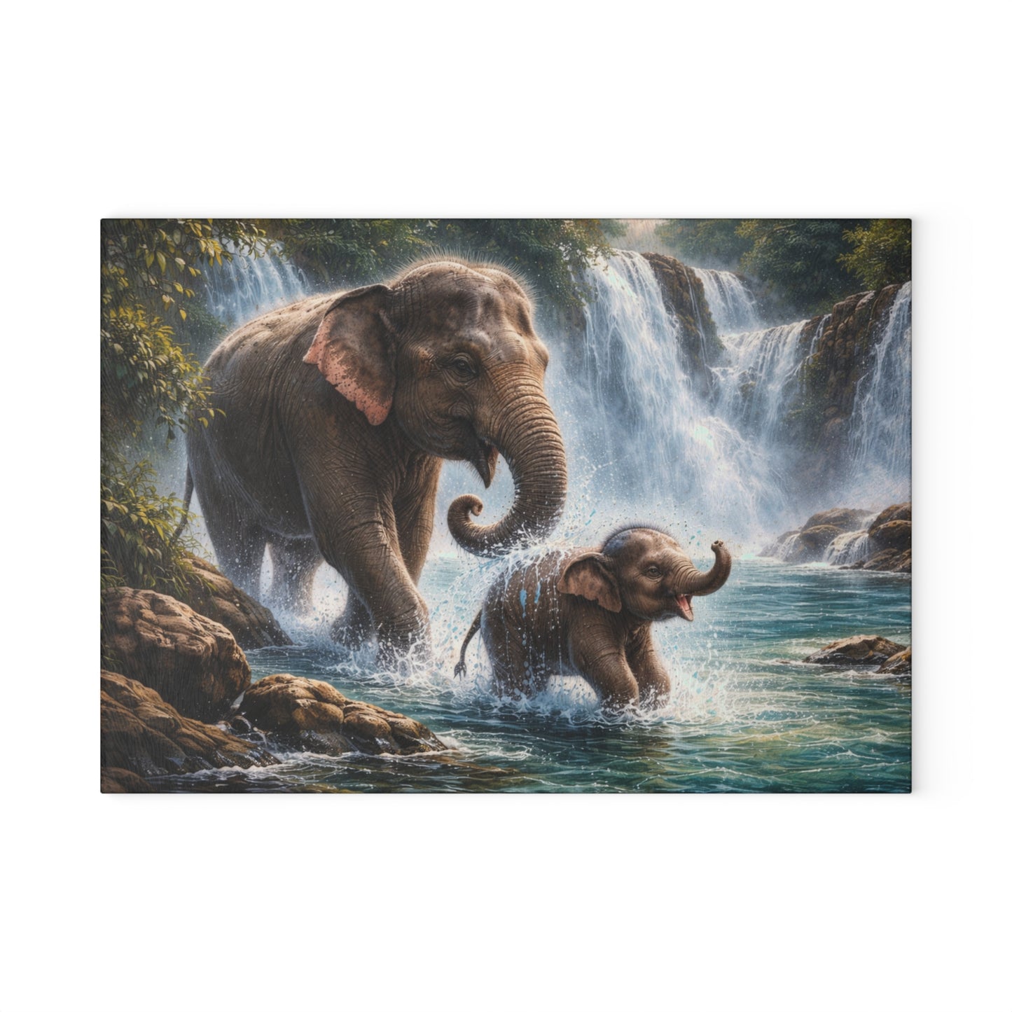 Elephant Waterfall Adventure Glass Cutting Board – Playful Wildlife Nature Kitchen Art